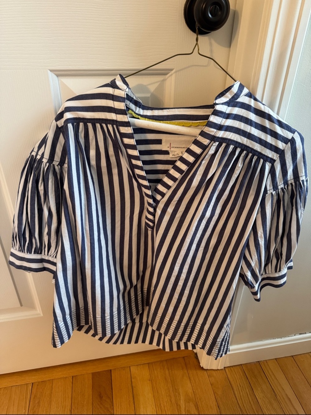 Anthropologie Navy and White Striped Puff Sleeve Blouse